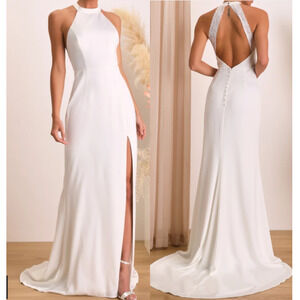 LULU'S SZ M White Radiant Adoration Lace Backless Halter Neck Maxi Dress NWT B39